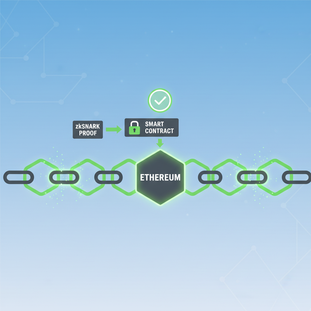 blockchain smart contract verifying zkSNARK proof on Ethereum, chain links lighting up green