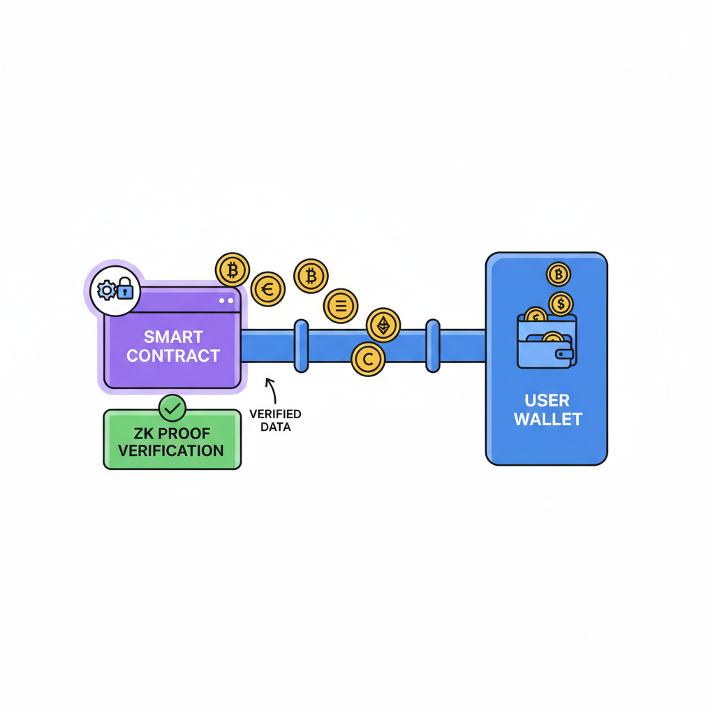 automated cryptocurrency payout from smart contract after zk proof verification, coins flowing to wallet