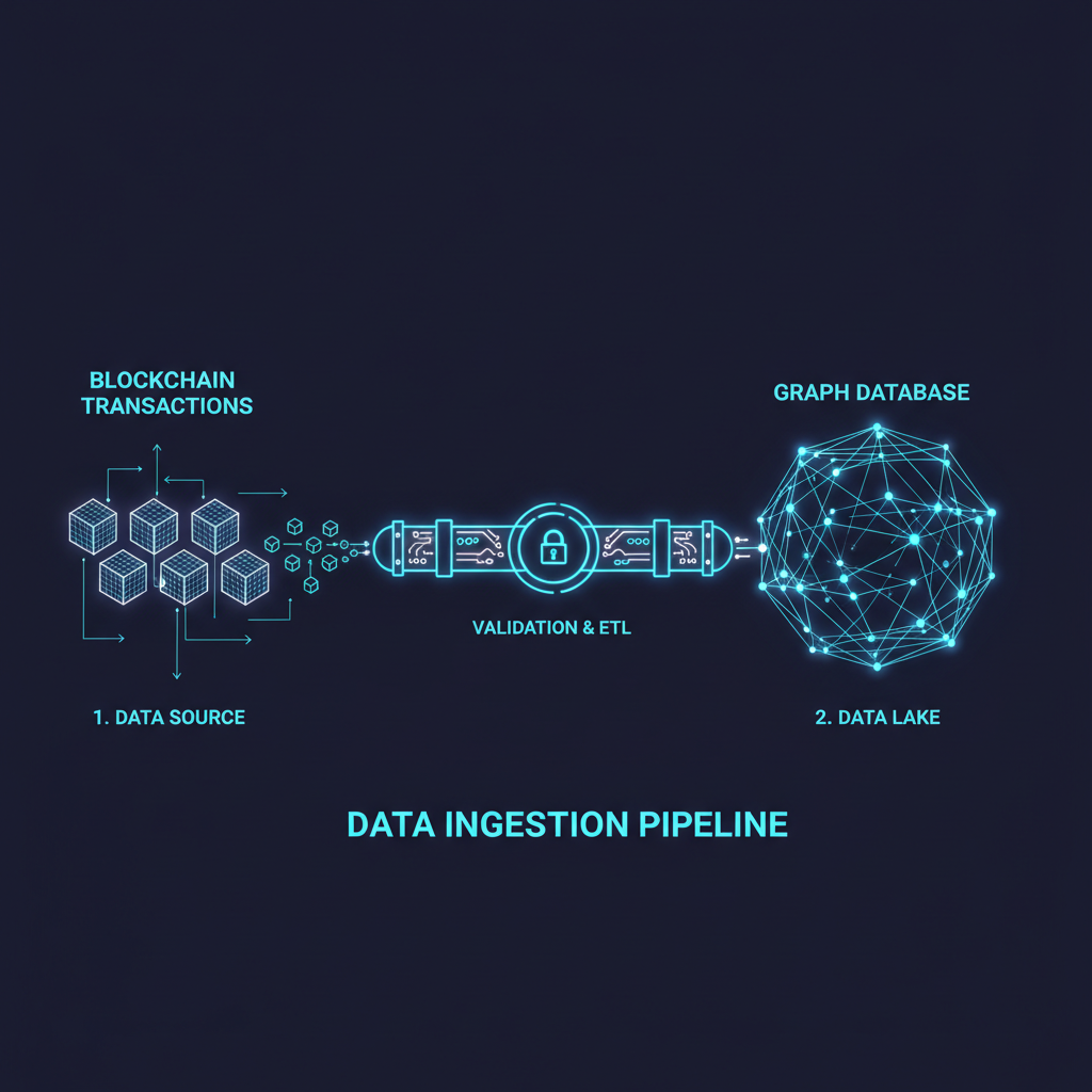 futuristic data ingestion pipeline blockchain transactions flowing into graph database neon blue tones