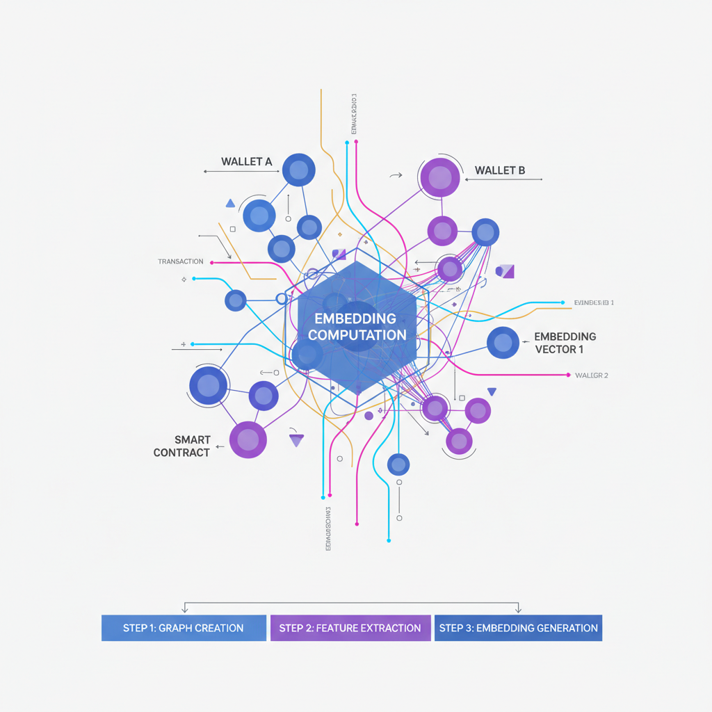 abstract graph nodes embedding computation ethereum wallets glowing vectors mathematical embeddings