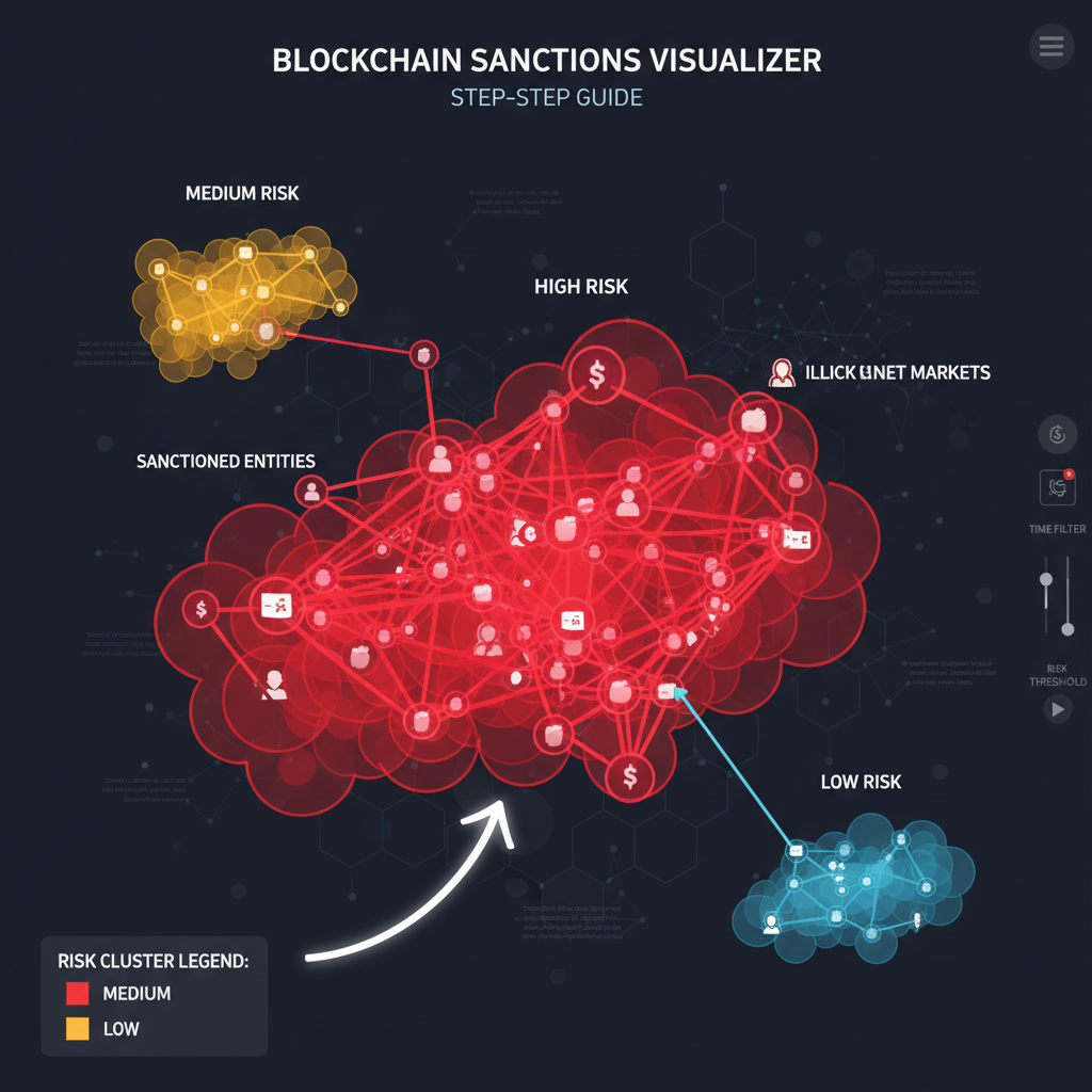 interactive 3D graph visualization risk clusters glowing red high-risk nodes blockchain sanctions