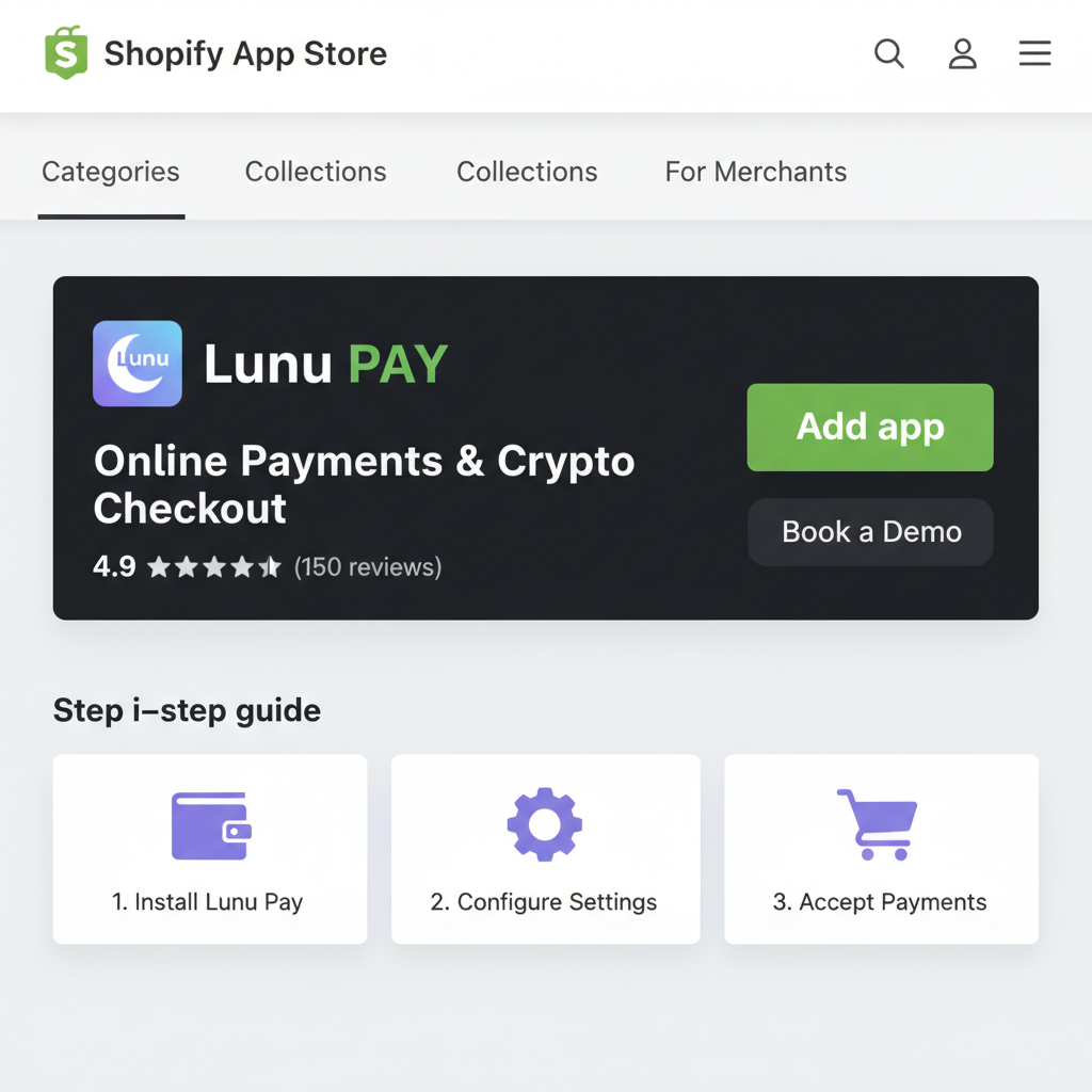 Shopify App Store page with Lunu Pay app highlighted, clean interface, installation button prominent
