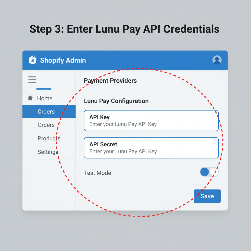 Shopify admin panel showing API key input fields for Lunu Pay, focused on configuration screen