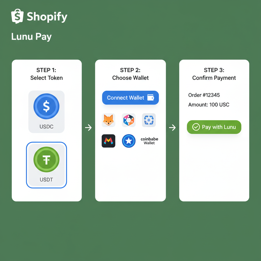 Wallet connection interface in Shopify app for Lunu Pay, icons of USDC and USDT