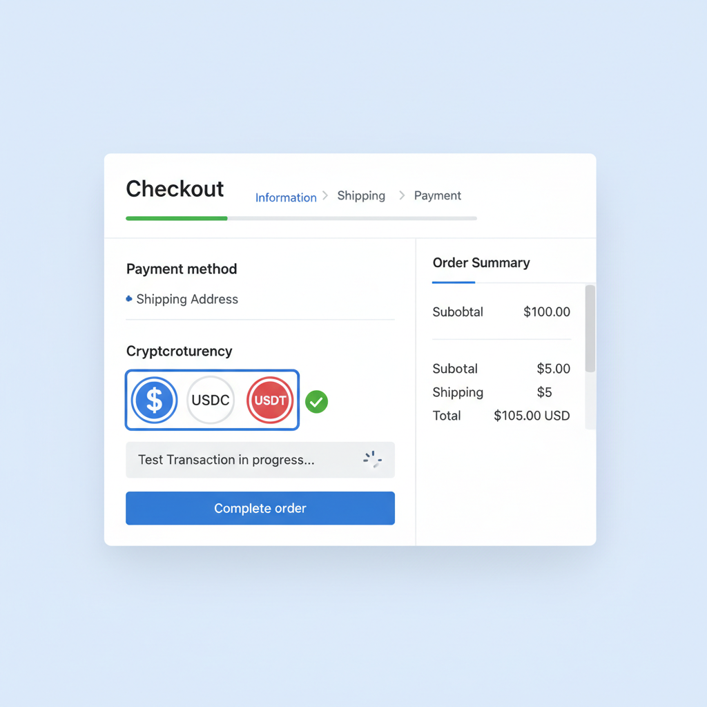 Shopify checkout screen with USDC/USDT payment option selected, test transaction in progress