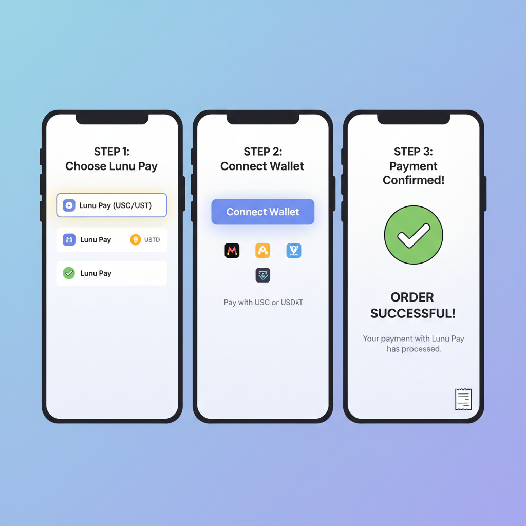 Shopify live store checkout with Lunu Pay USDC/USDT active, success confirmation screen