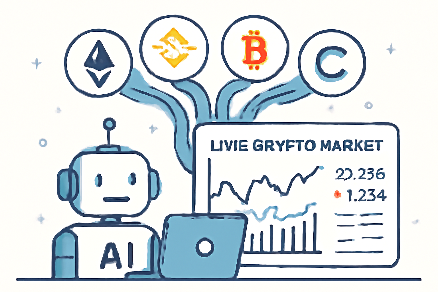 An AI interface analyzing live crypto market charts, with data streams flowing from different blockchains.