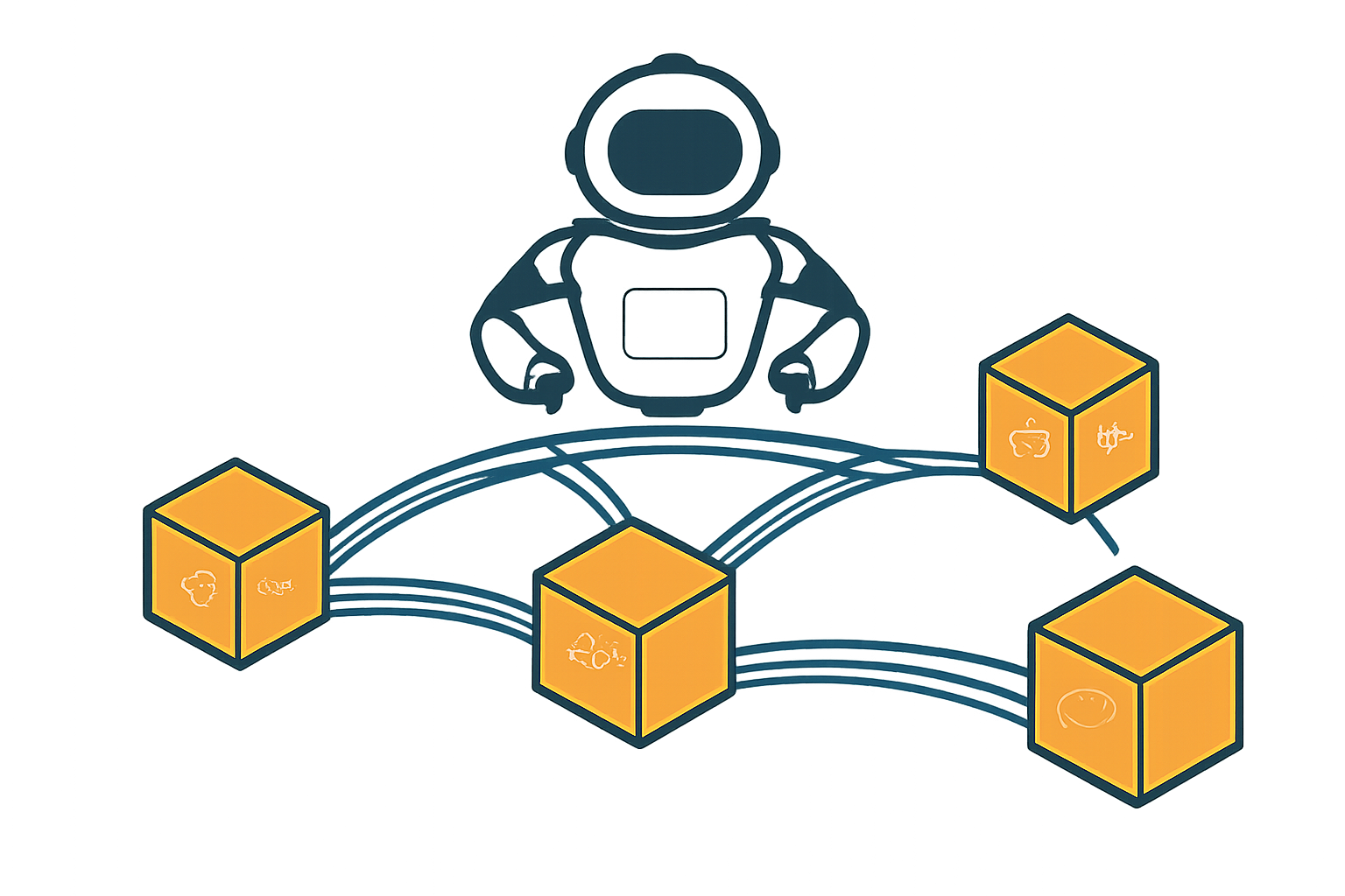 A visual of multiple blockchain logos interconnected by digital bridges, with an AI robot overseeing the connections.