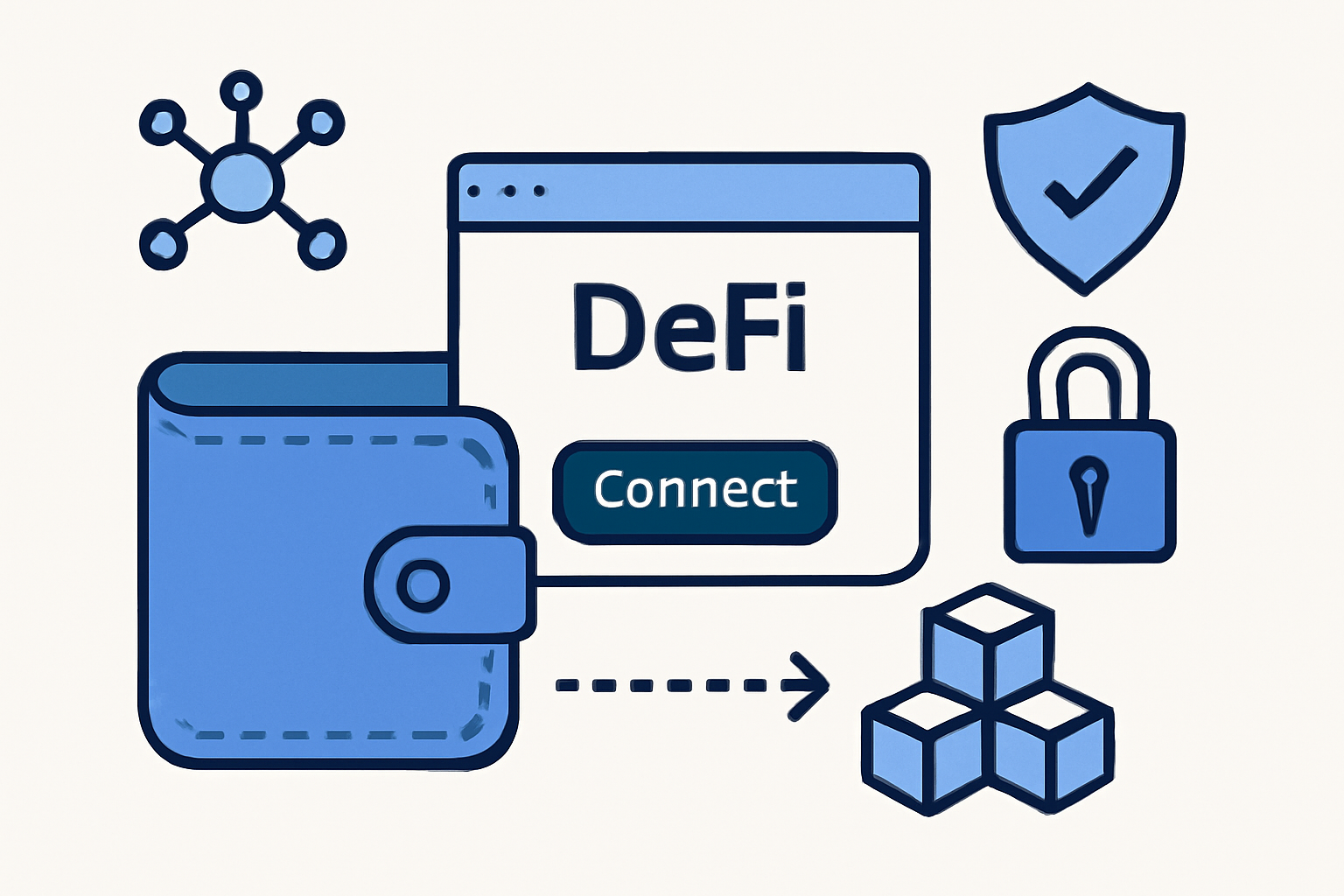 A digital wallet interface connecting to a DeFi platform, with security icons and blockchain symbols.