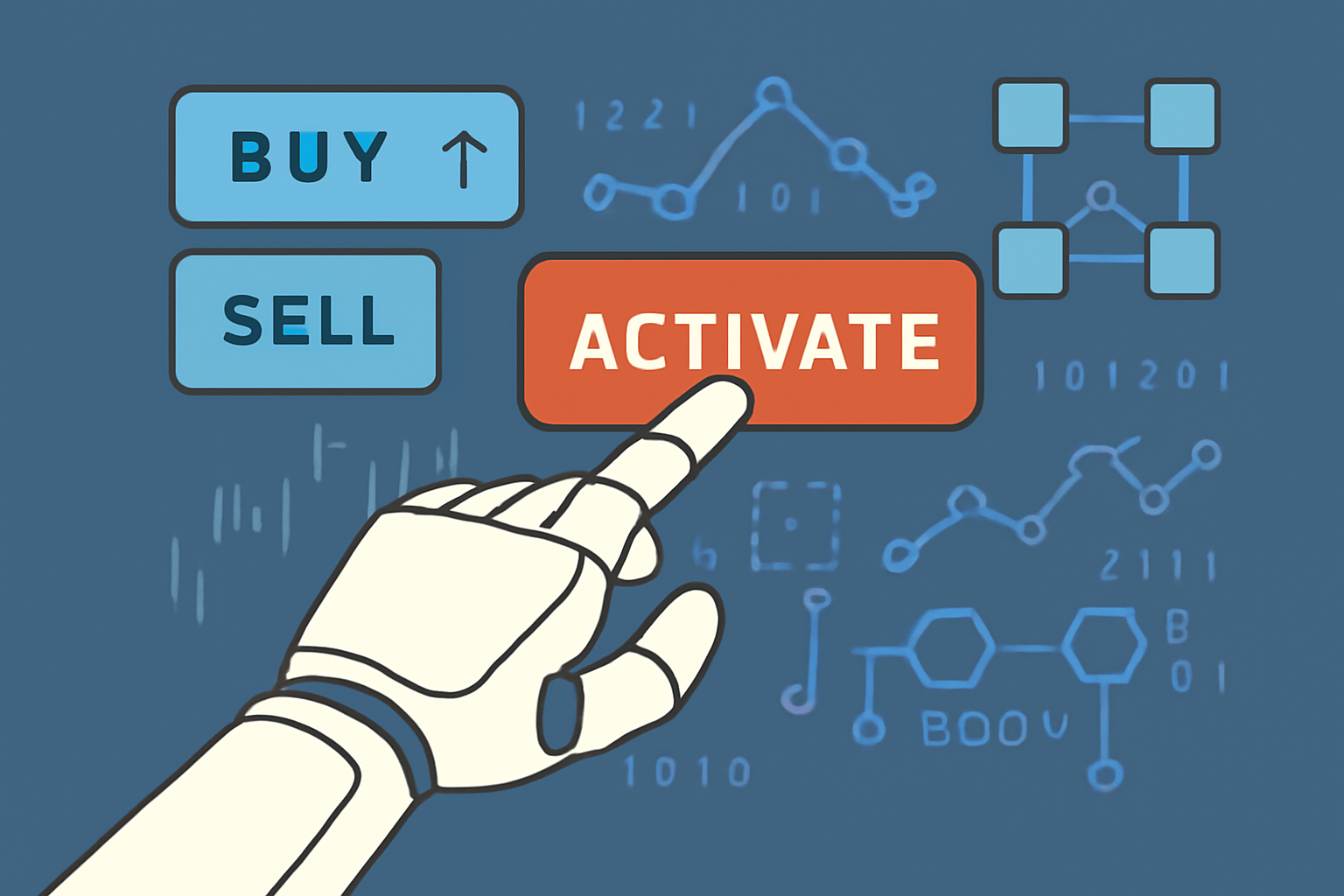 A robotic hand pressing an 'Activate' button, with digital trade notifications and blockchain activity in the background.
