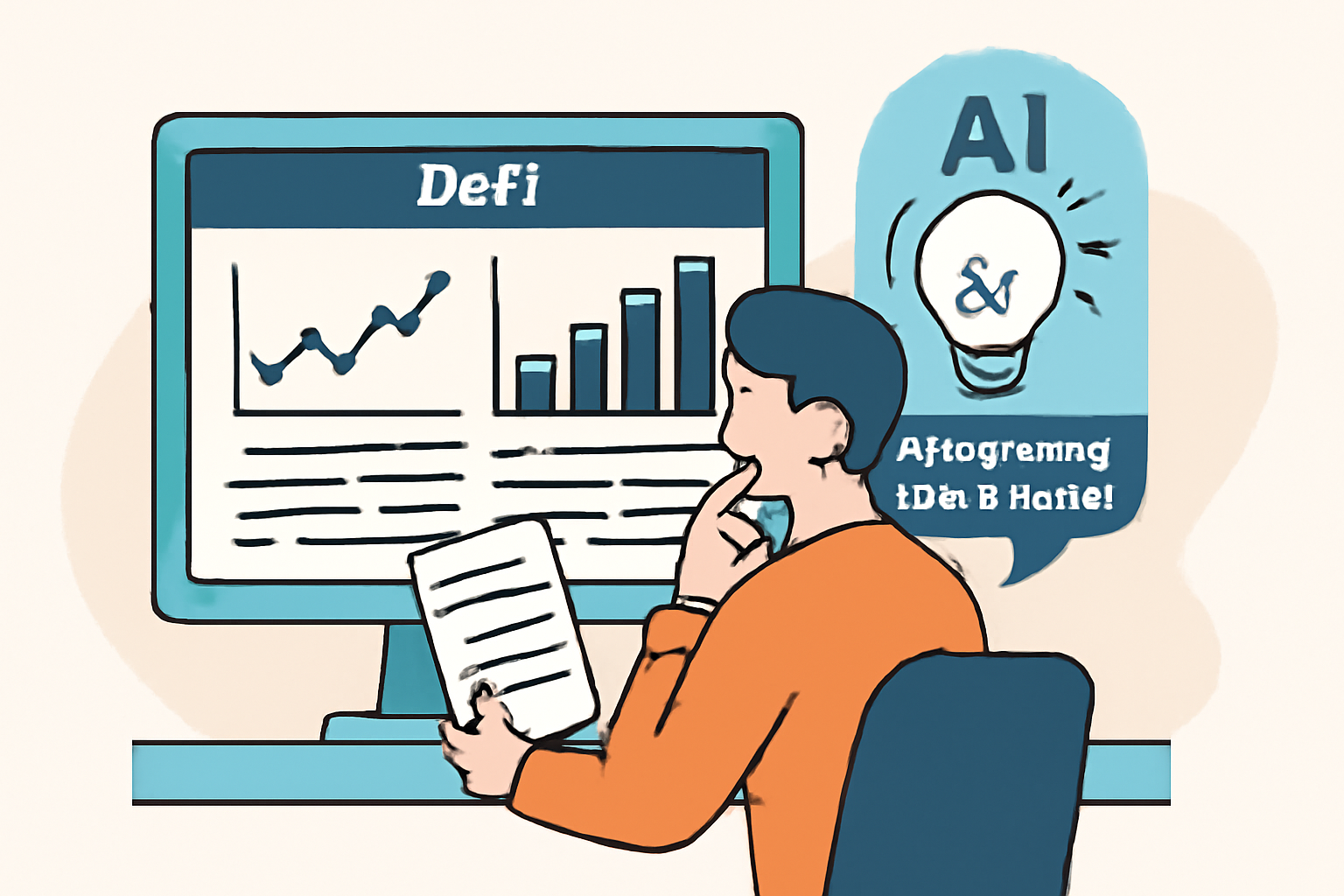 A user analyzing performance charts and logs on a DeFi dashboard, with an AI assistant suggesting improvements.