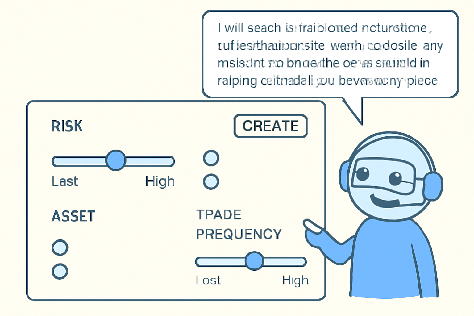 A dashboard with sliders and options for risk, asset selection, and trade frequency, with an AI assistant guiding the user.