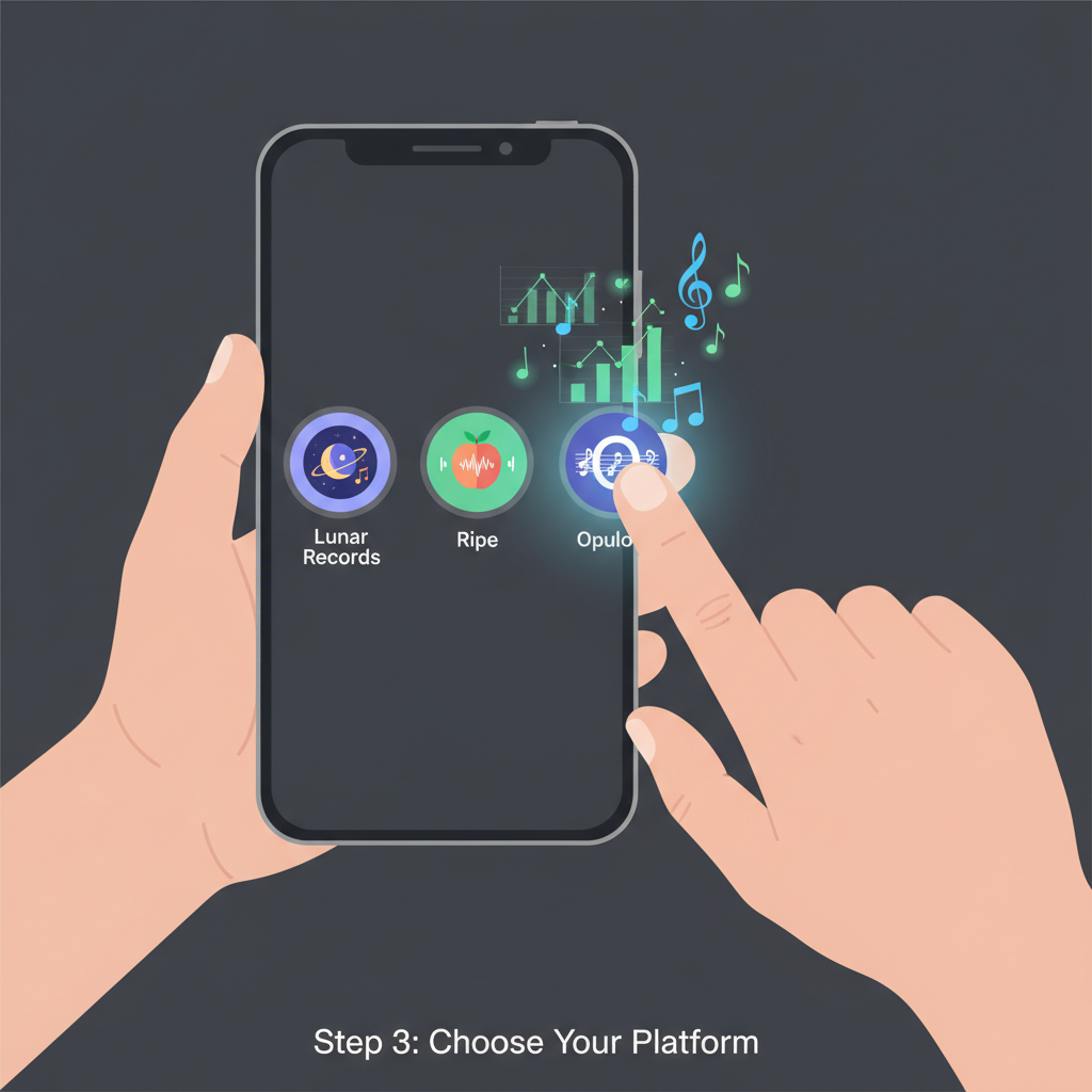 user selecting blockchain platforms Lunar Records Ripe Opulous on sleek mobile app interface, glowing music notes and charts