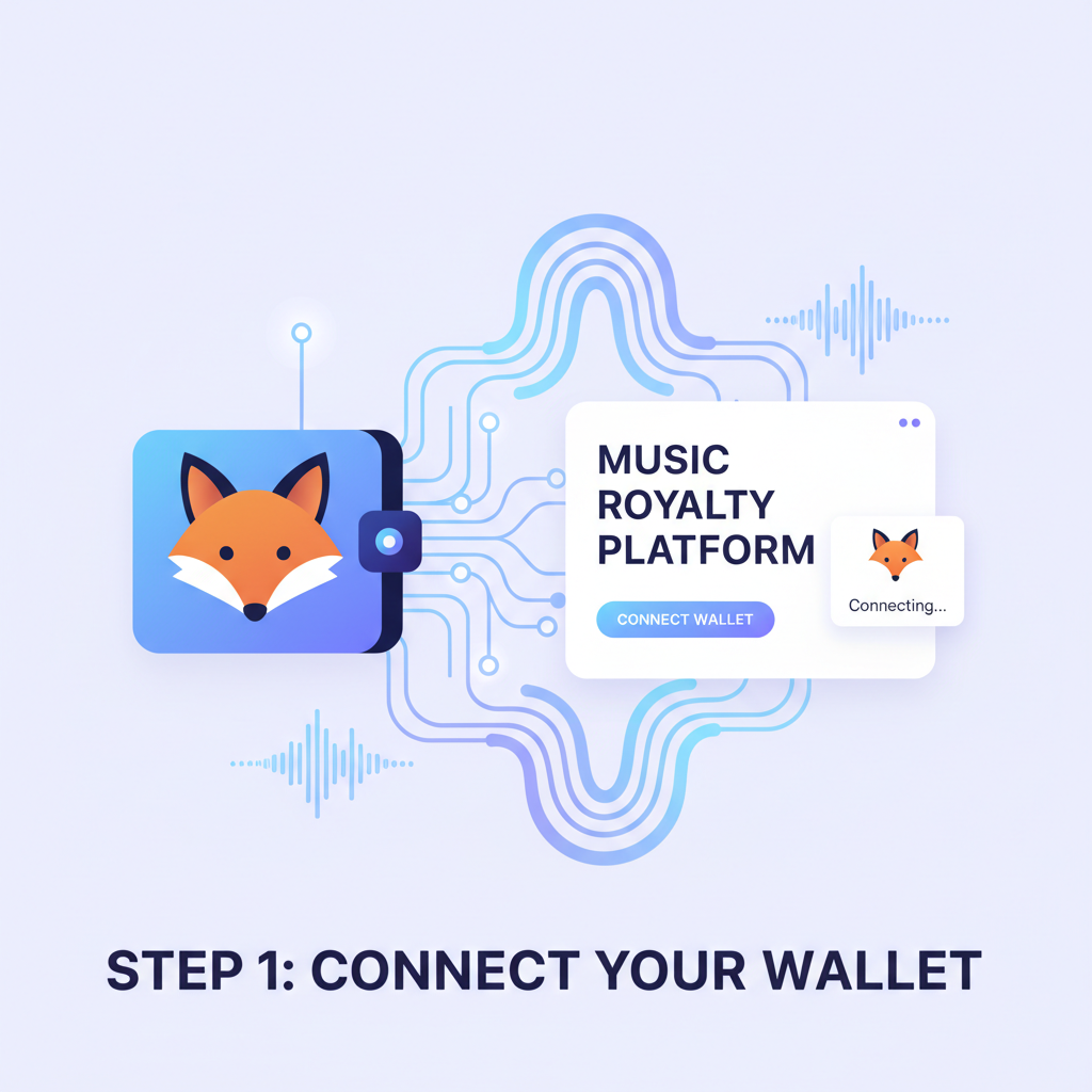 MetaMask wallet connecting to music royalty platform, ethereal blockchain links and music waveform graphics