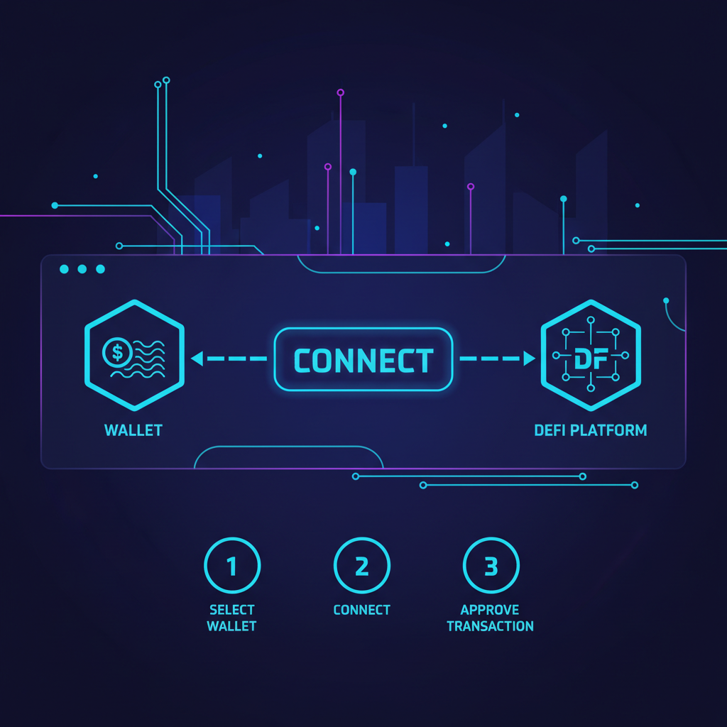 sleek futuristic dashboard connecting wallet to DeFi platform, neon blues, cyberpunk style