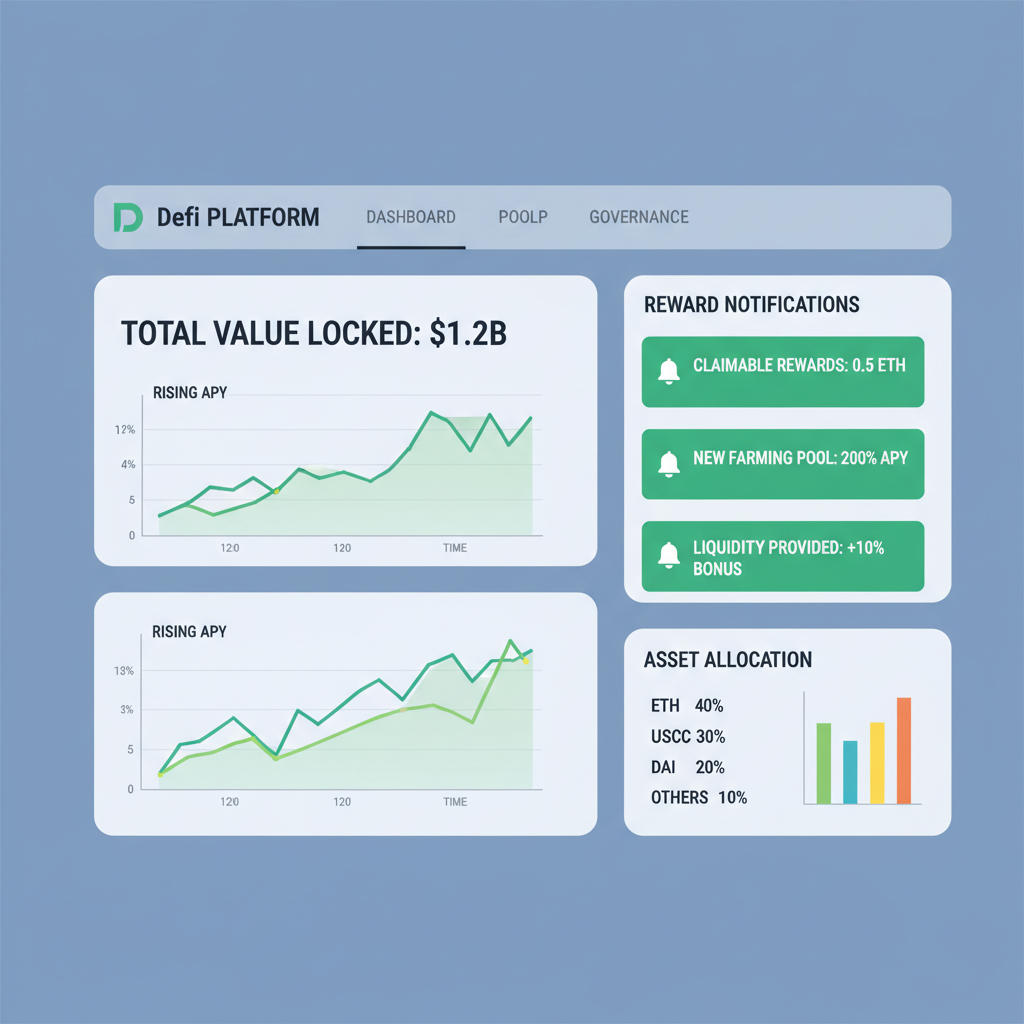 comprehensive DeFi dashboard with rising APY charts and reward notifications