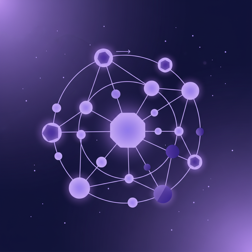 glowing network of interconnected nodes representing AVSs on EigenLayer, ethereal purple hues