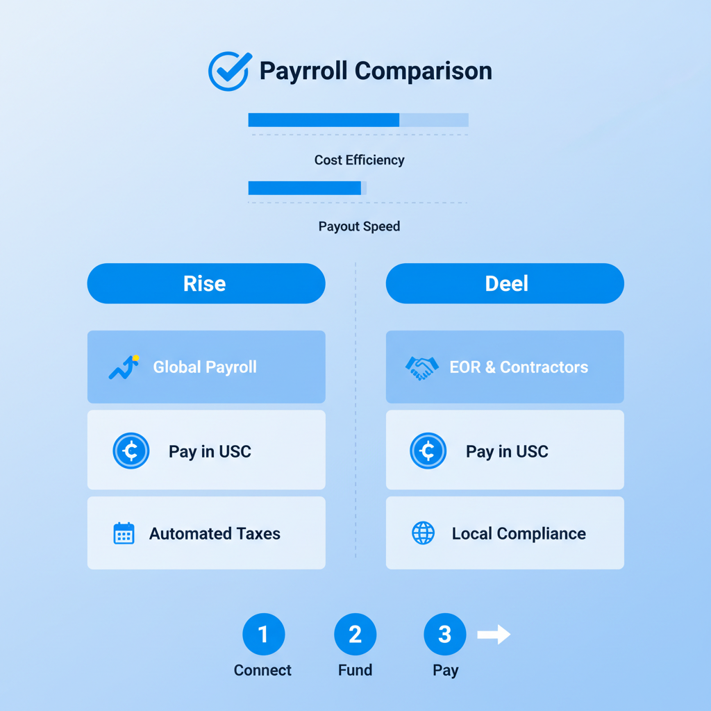 sleek dashboard comparing Rise and Deel payroll platforms with USDC icons, vibrant blue tones