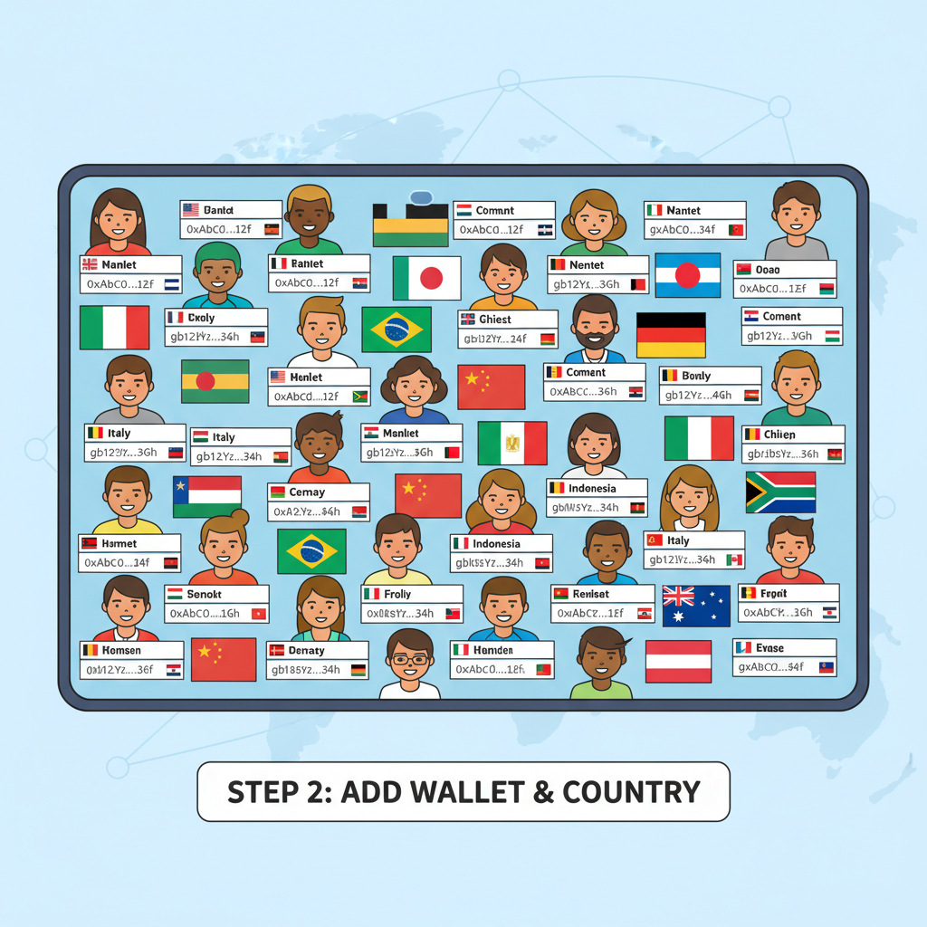 diverse global team on screen adding wallet addresses and flags of 100 countries