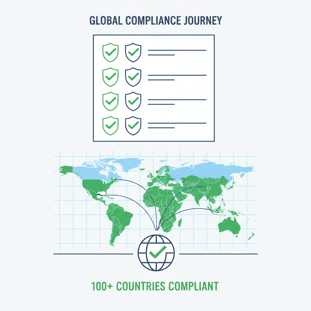 compliance checklist with green ticks, shields, and world map highlighting 100 countries