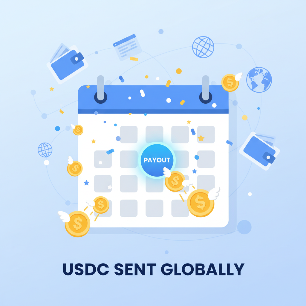 calendar with payroll payout button pressed, USDC flying to global wallets, celebratory confetti