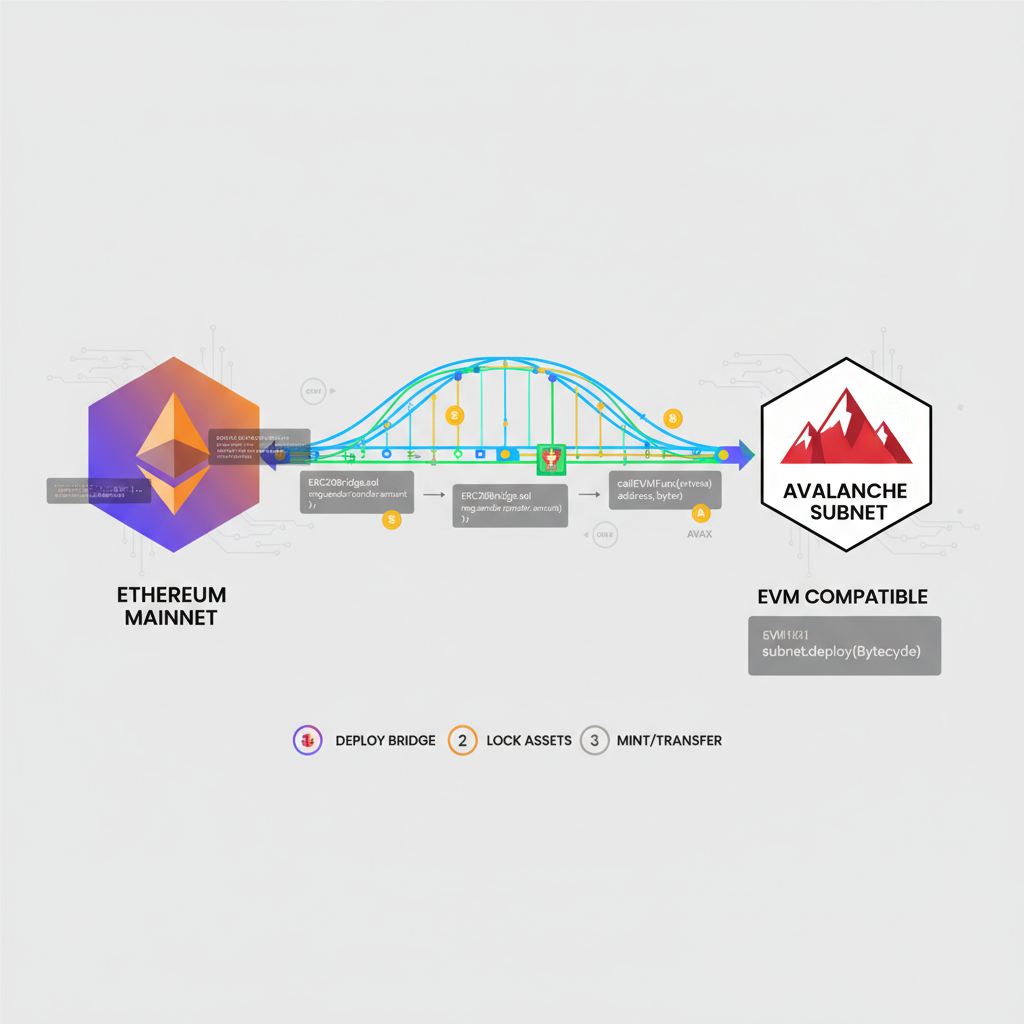 bridge connecting ethereum to avalanche subnet, evm migration flow with code snippets, dynamic digital bridge artwork
