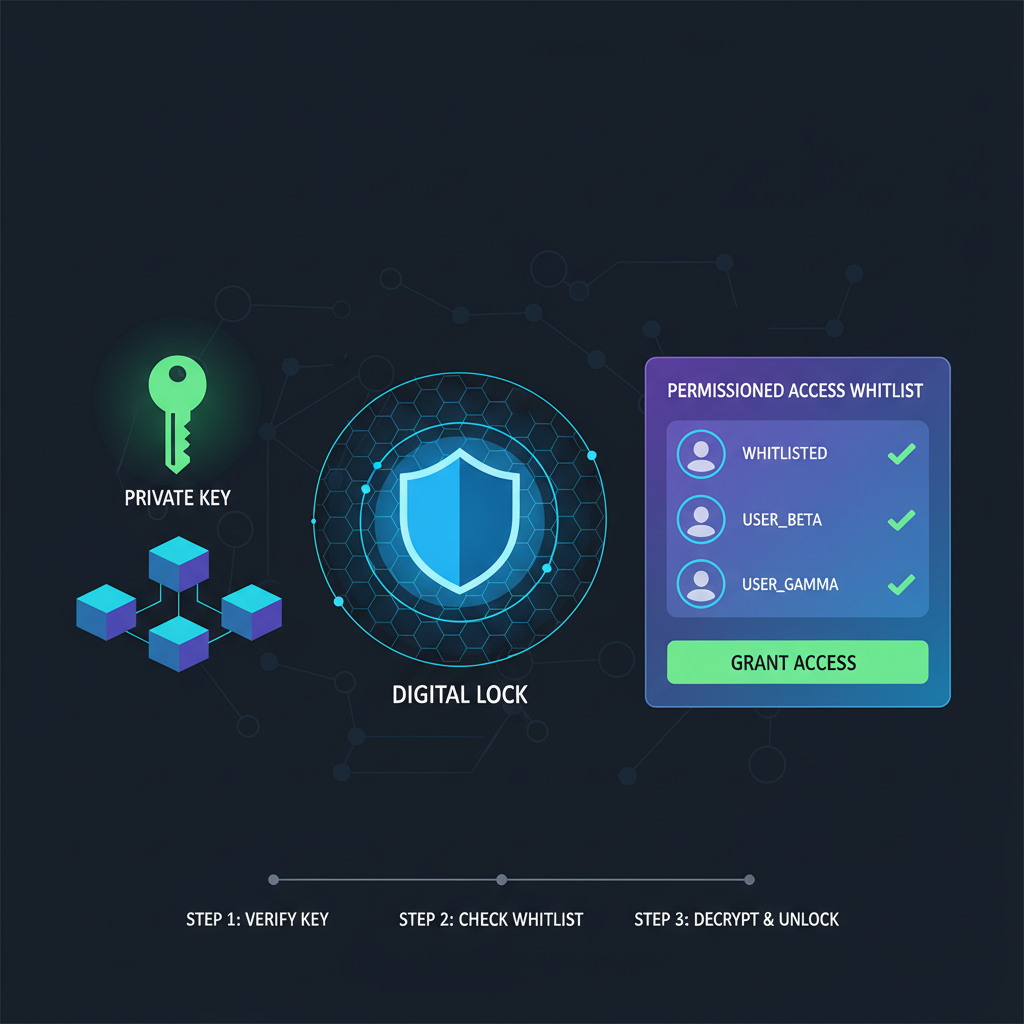 digital lock and key interface on blockchain network, permissioned access whitelist UI, futuristic cyber security design
