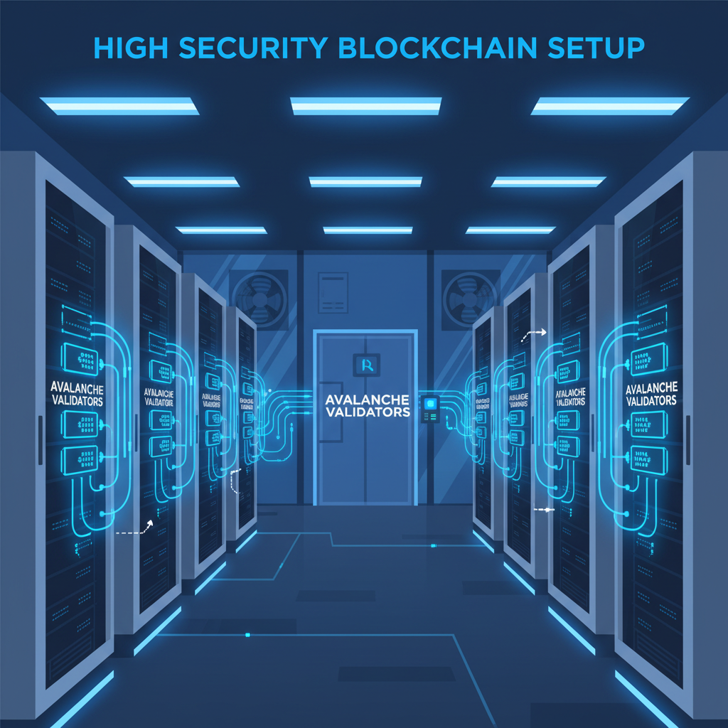 secure server room with glowing avalanche validators nodes, enterprise data center, neon blue lights, high security blockchain setup