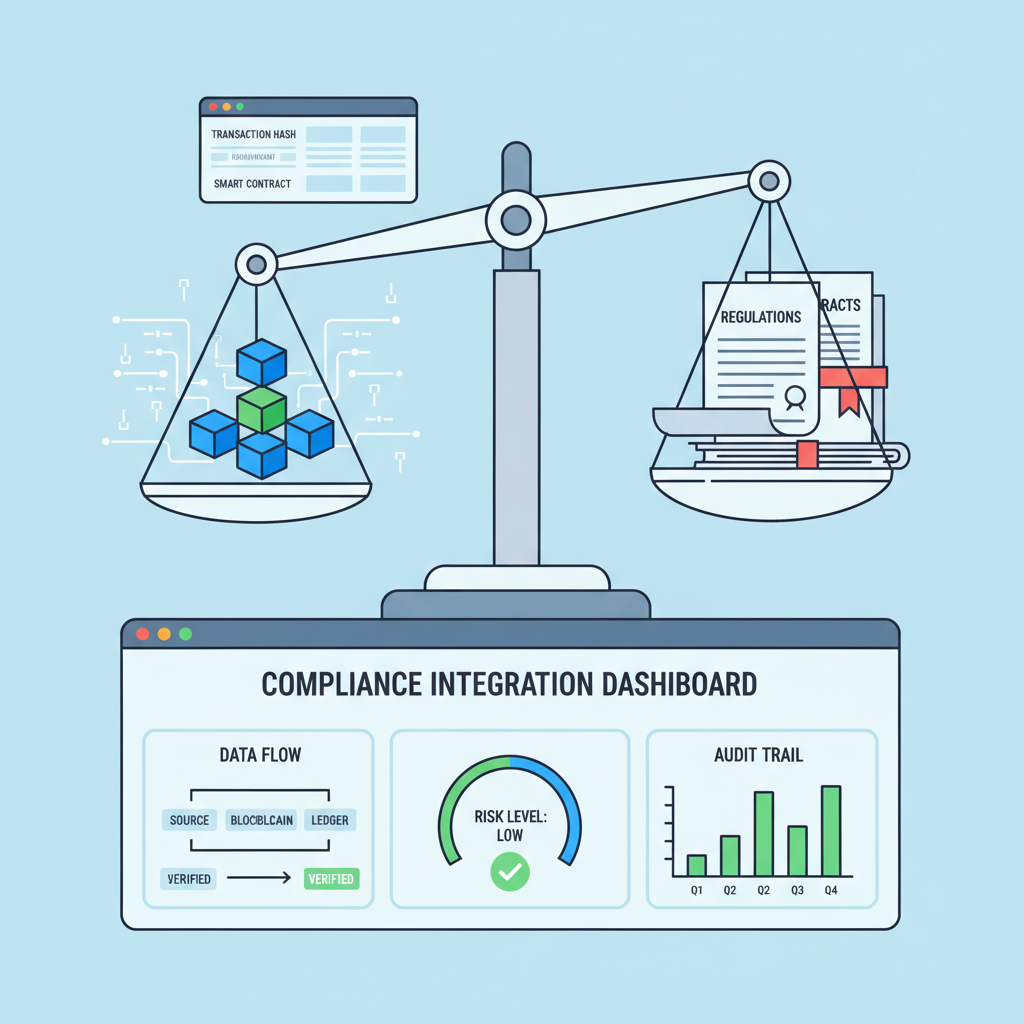 balance scale with blockchain code and legal documents, compliance integration dashboard, elegant professional visualization