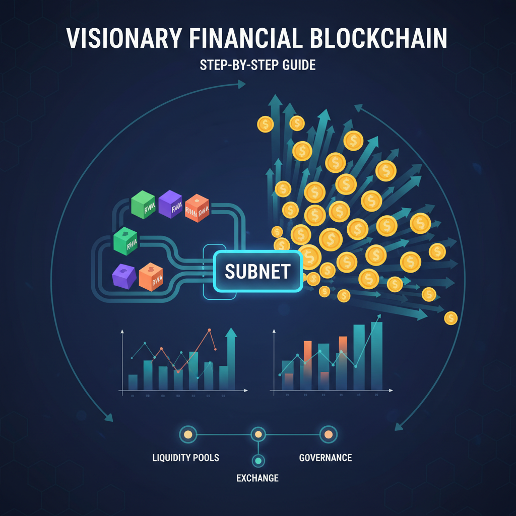 abstract token economy diagram with custom RWAs flowing in subnet, golden tokens and charts, visionary financial blockchain art