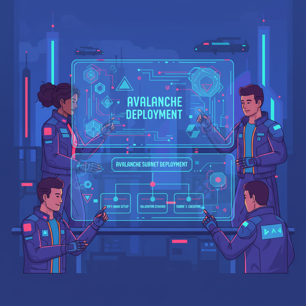 futuristic enterprise team planning avalanche subnet deployment on holographic screens, cyberpunk style, high tech blockchain visualization