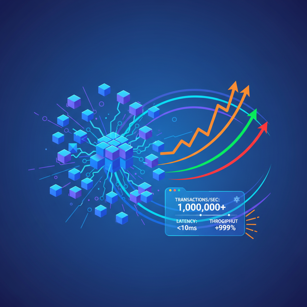 high speed blockchain network scaling up, performance graphs exploding upwards, futuristic speed lines and metrics dashboard