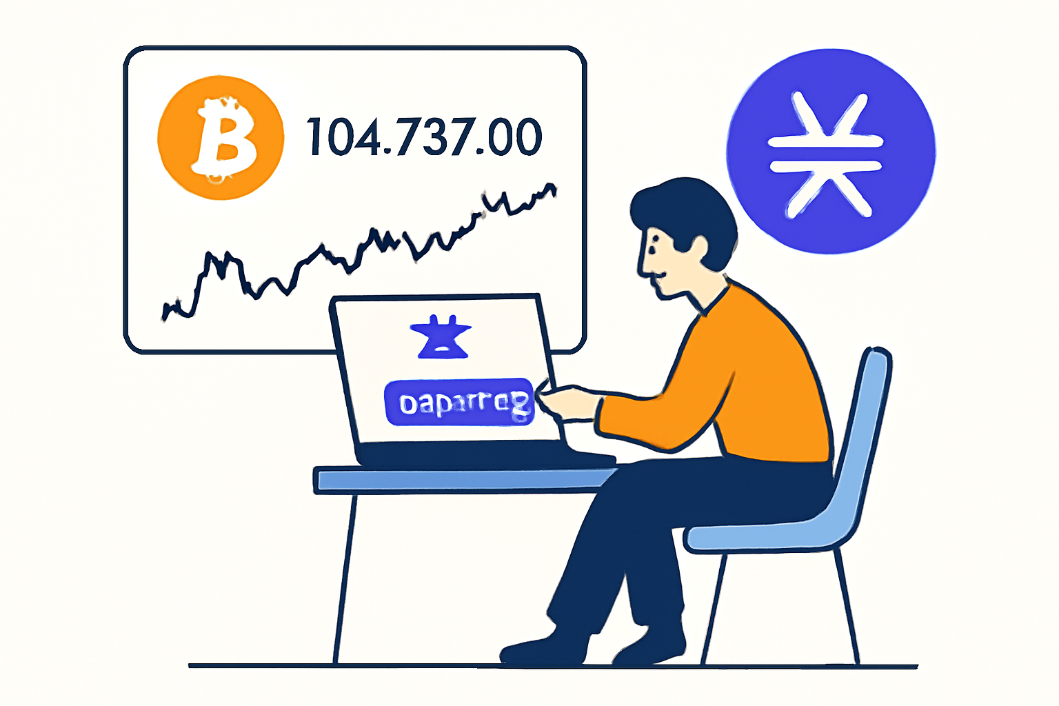 A person buying STX tokens on a crypto exchange platform, with Bitcoin and STX logos visible, and a price chart showing $104,737.00 for BTC.