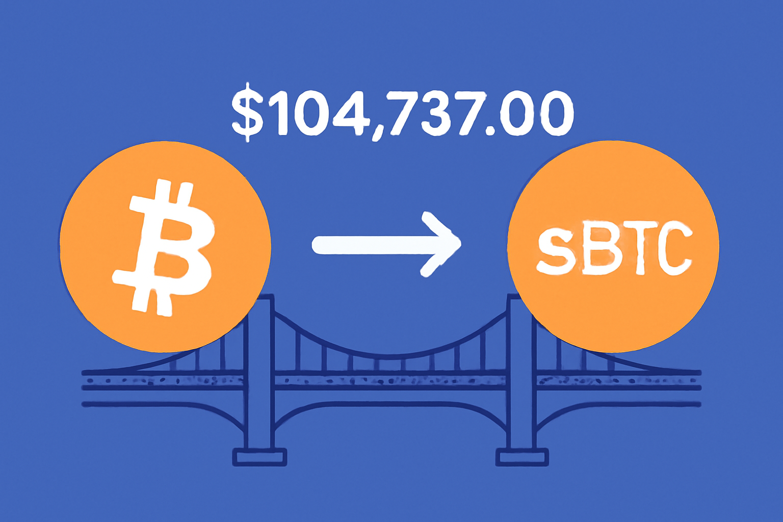 A Bitcoin transforming into sBTC on a digital bridge, with the BTC price $104,737.00 clearly shown.