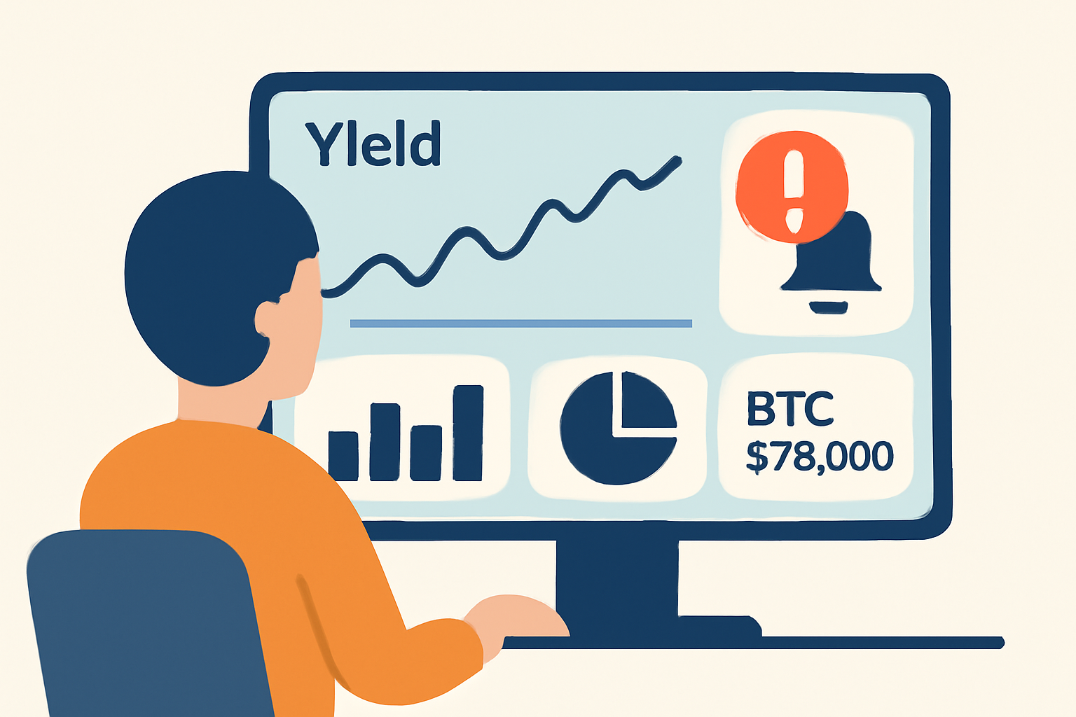 A user monitoring yield stats on a dashboard, with graphs, notifications, and the BTC price displayed.