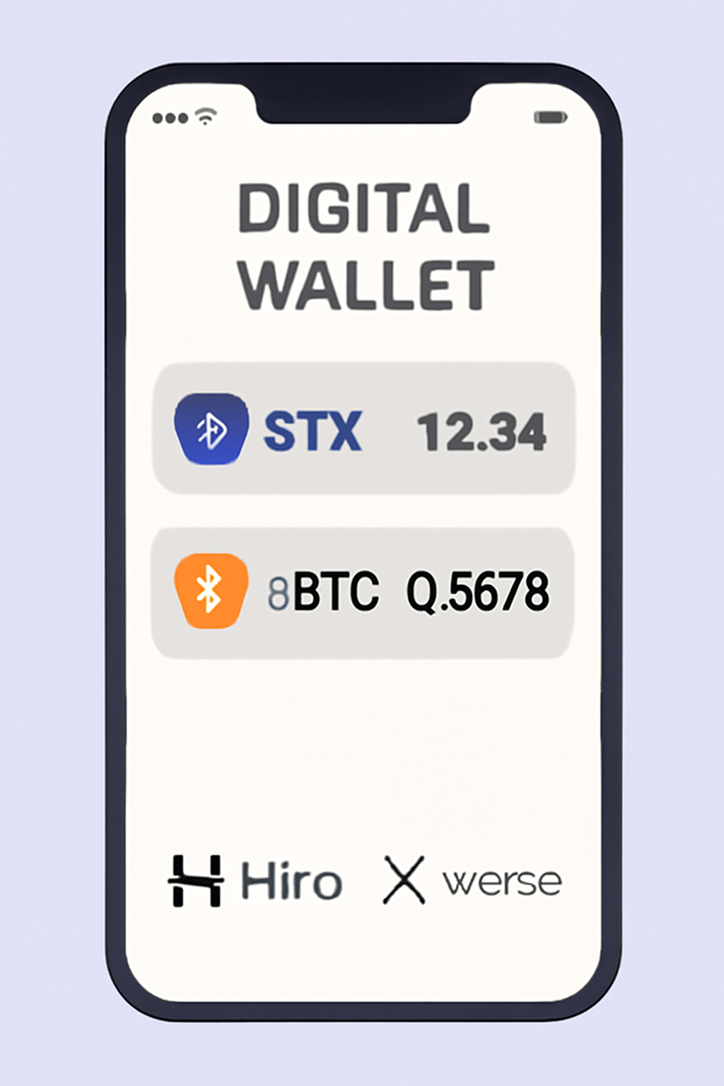 A digital wallet interface on a smartphone displaying STX and sBTC balances, with the Hiro and Xverse logos.