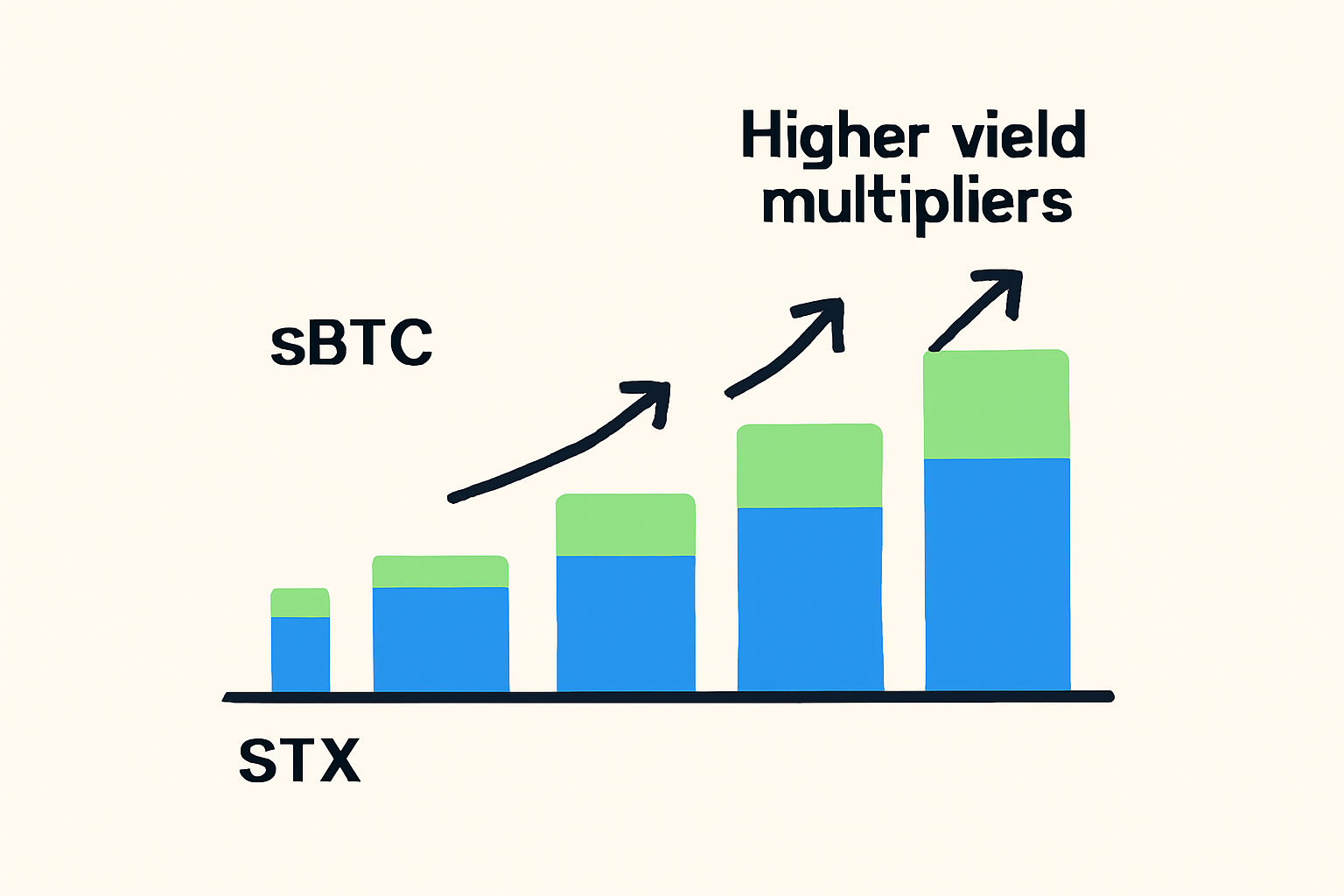 A stacking bar chart showing increasing STX amounts next to sBTC, with arrows indicating higher yield multipliers.