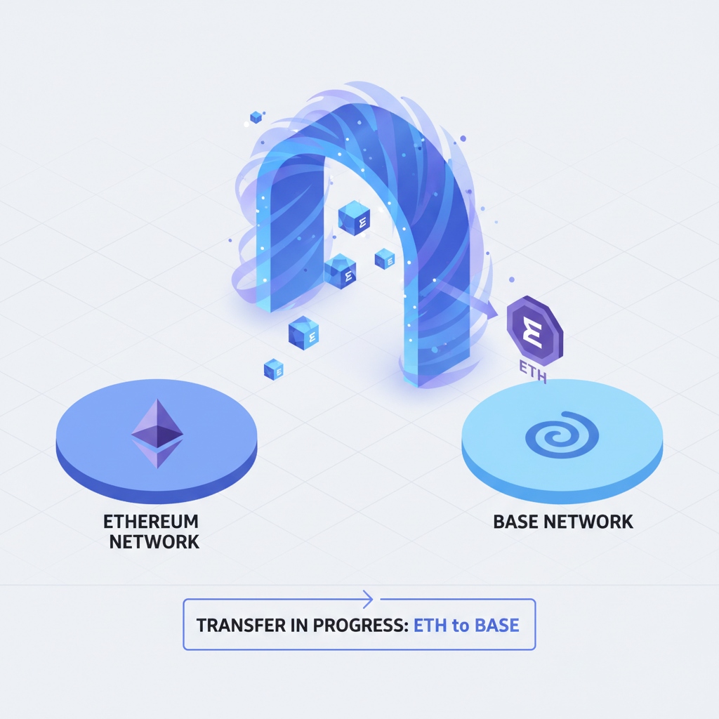 crypto bridge transferring ETH from Ethereum to Base network, glowing portal graphic, simple isometric style