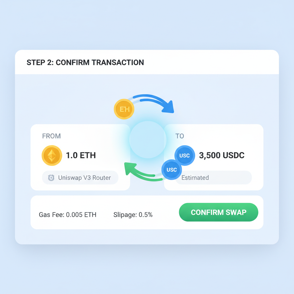 token swap animation on DEX, arrows exchanging coins, clean UI screenshot style