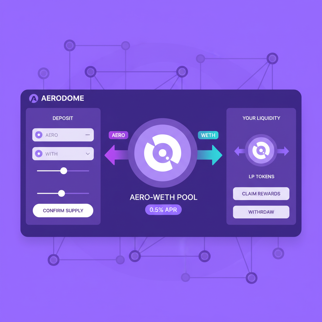 Aerodrome DEX interface showing liquidity provision, tokens flowing into pool, vibrant purple tones