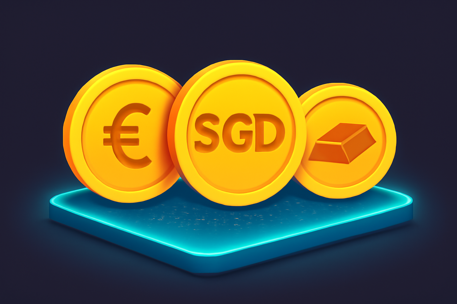 A selection of digital coins labeled with different fiat currency symbols (EUR, SGD, gold bar), displayed on a glowing digital platform.
