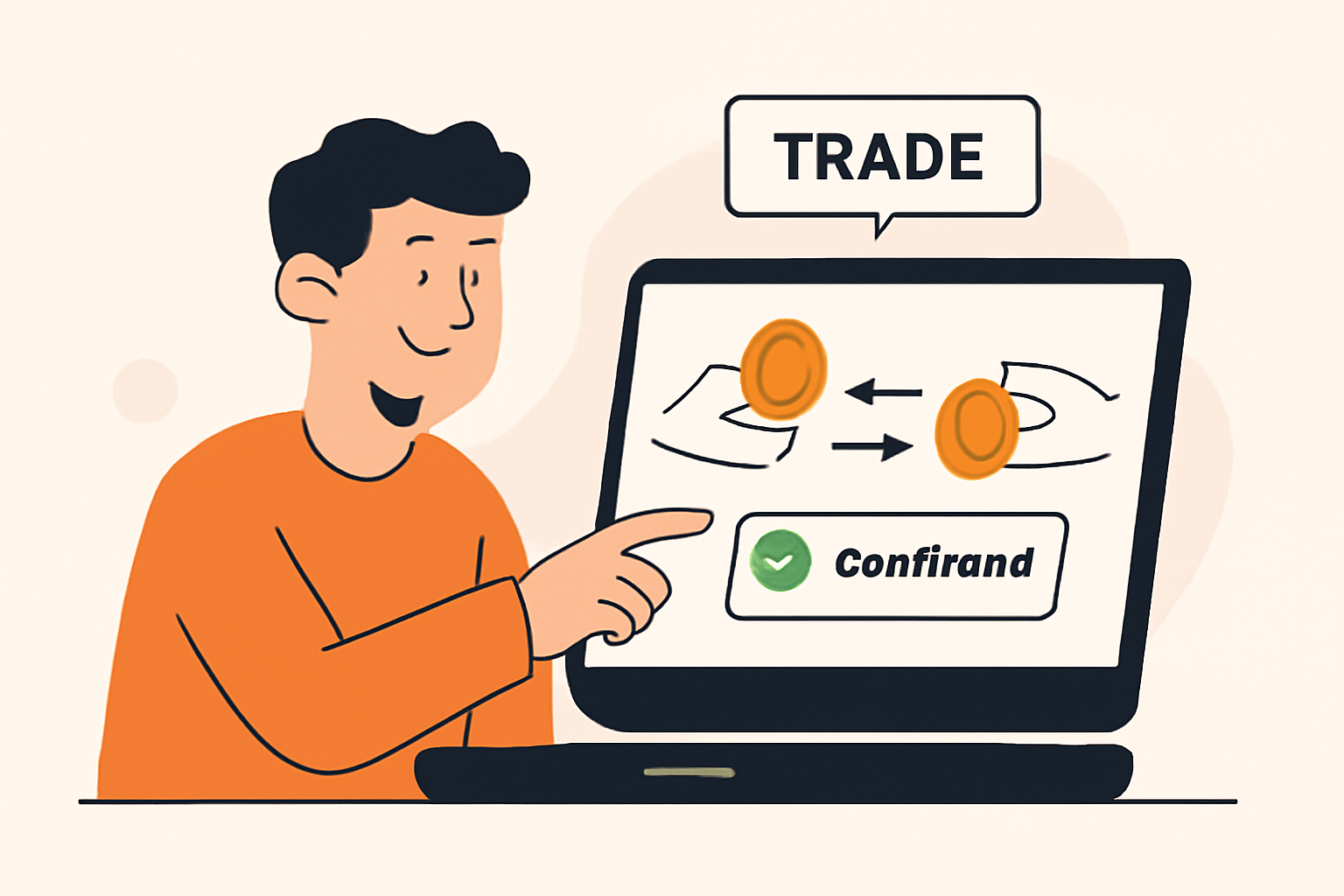 A user confidently making a trade on a digital platform, with coins exchanging hands and confirmation pop-ups on screen.
