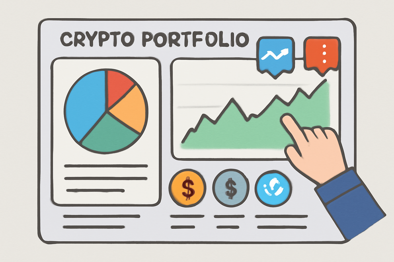 A dashboard displaying a diversified crypto portfolio with charts, notifications, and currency icons, showing active monitoring and adjustment.