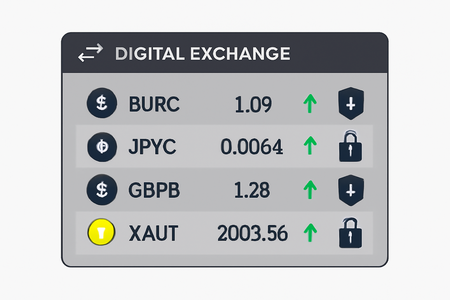 A modern digital exchange interface showing various non-USD stablecoin trading pairs and security icons like shields and locks.