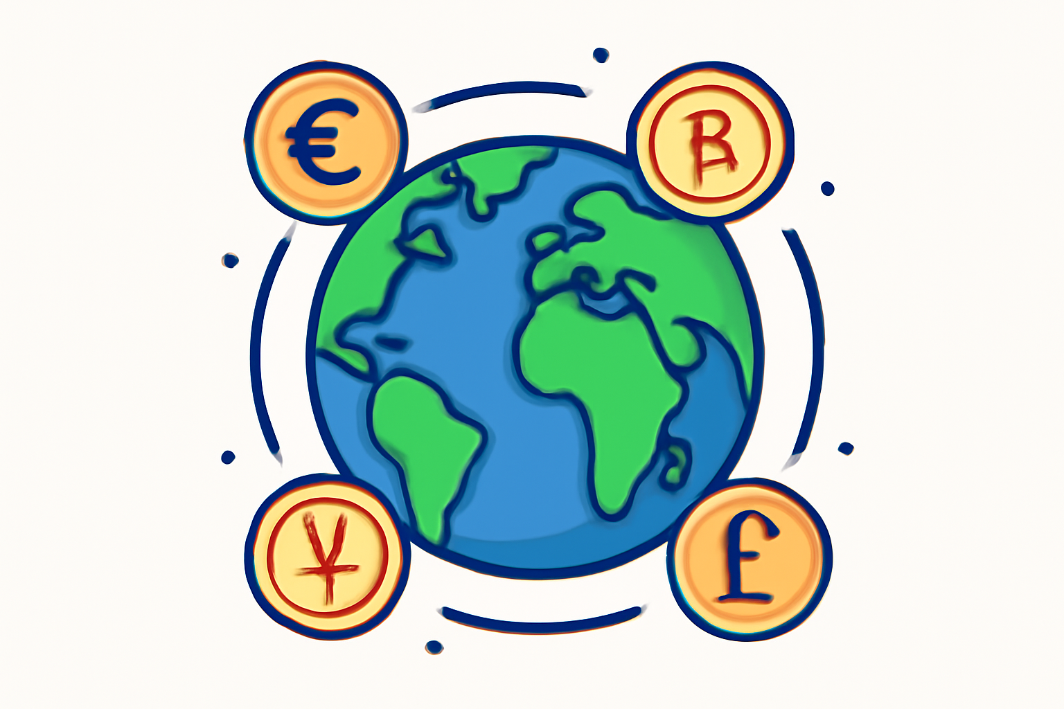 A dynamic illustration of a globe surrounded by various currency symbols (€, ¥, £) and digital coins, highlighting global connectivity and diversification.