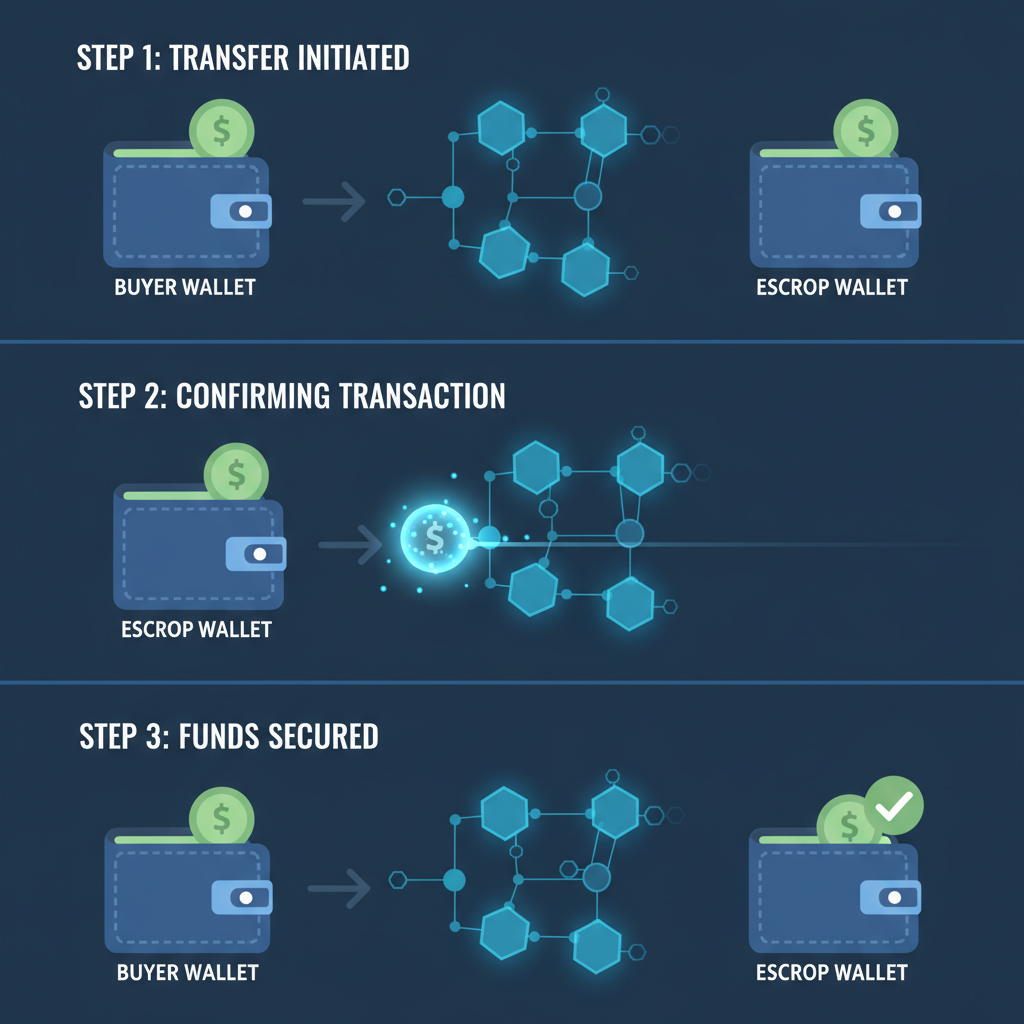 stablecoin transfer animation from buyer wallet to escrow, glowing blockchain network