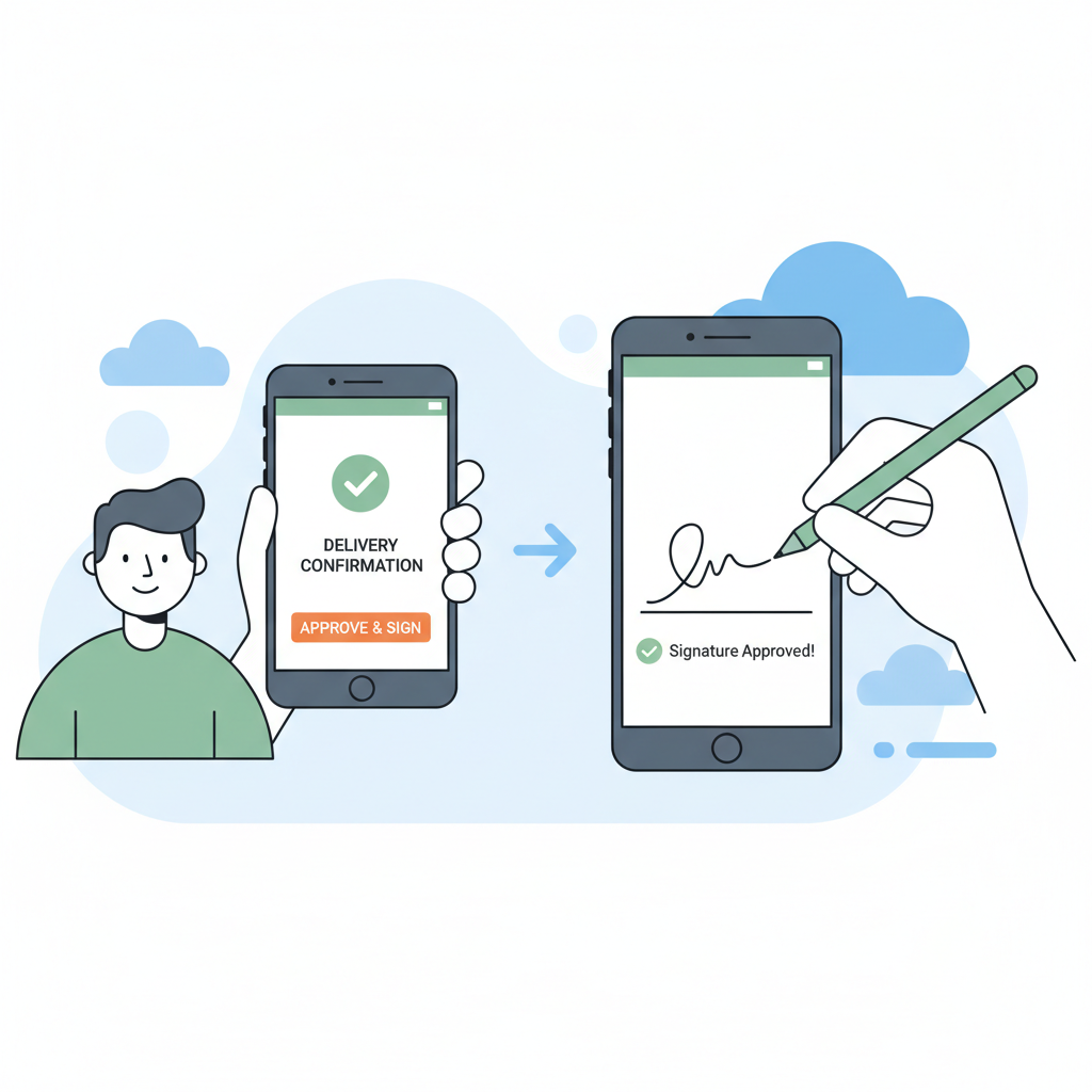 buyer checking delivery confirmation on app, approving with digital signature