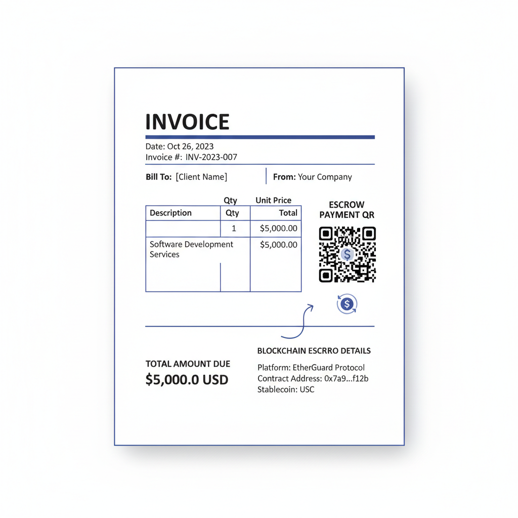 professional invoice document with stablecoin escrow QR code and blockchain details