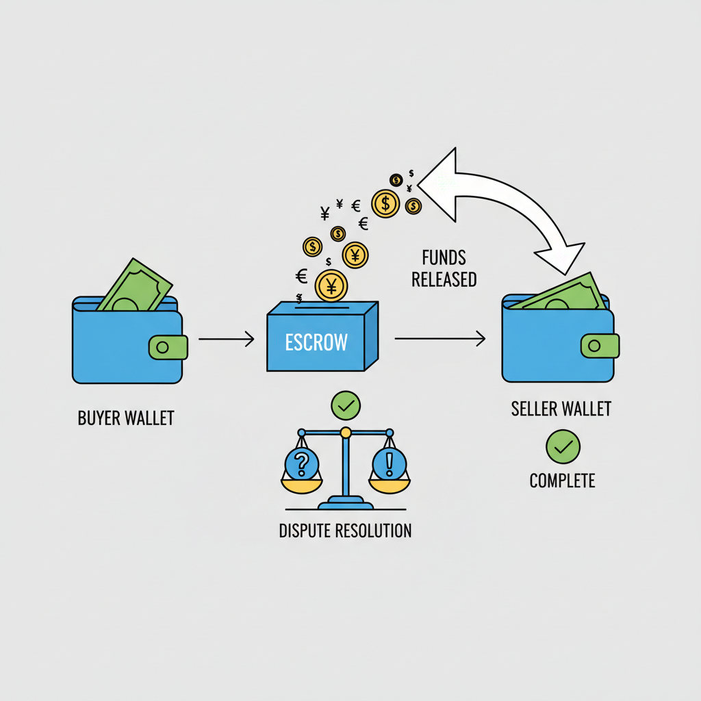 funds releasing from escrow to seller wallet, balanced scales for dispute resolution