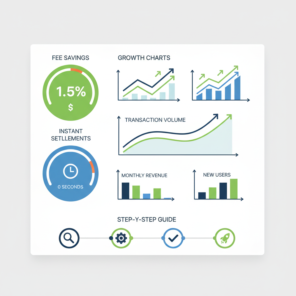 dashboard analytics showing fee savings and instant settlements, growth charts